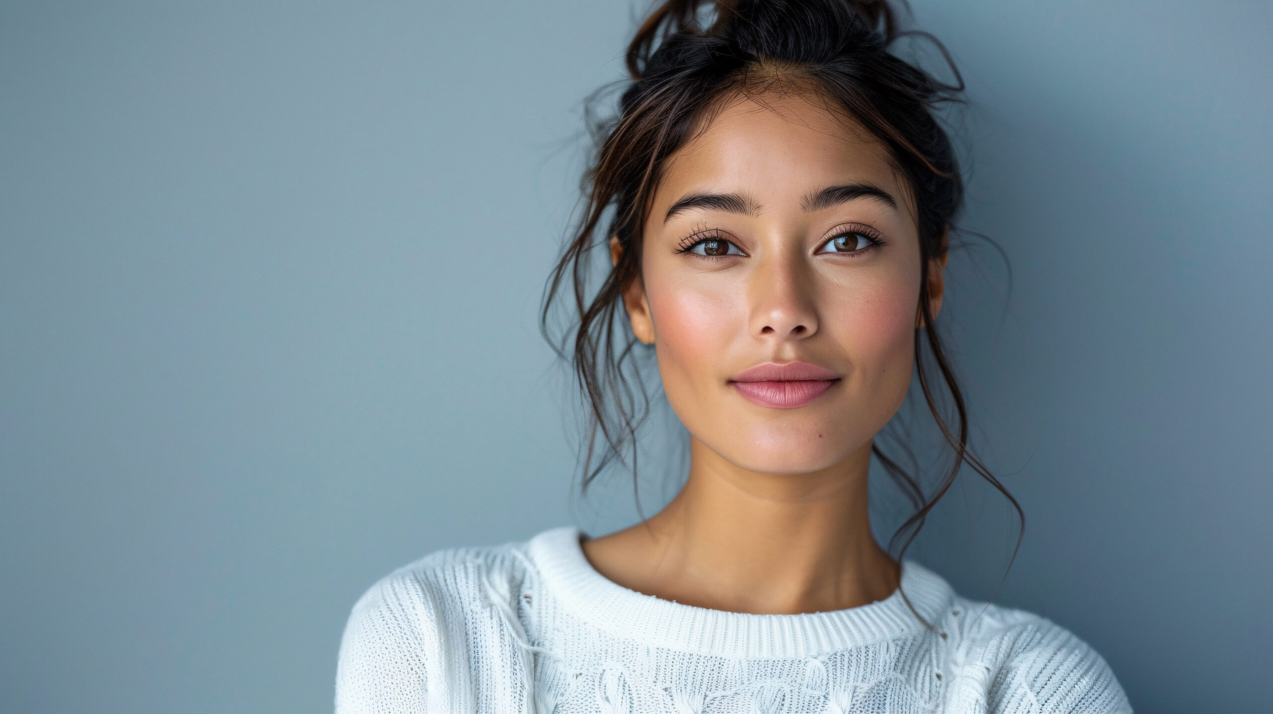 Confident woman with smooth skin, posing against a minimalist grey background