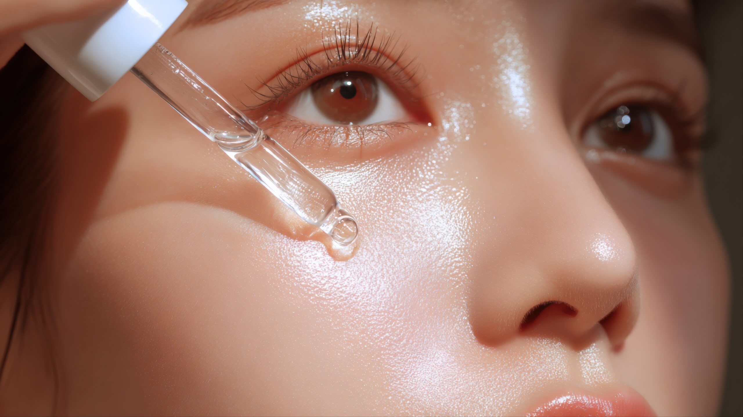 Close up of a young woman's glowing skin receiving a drop of cosmetic serum from a dropper